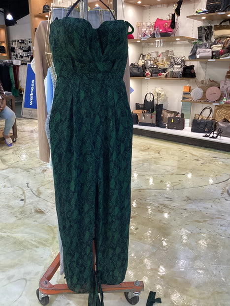 NWT Michael Costello Green and Black Snake Print Strapless Jumpsuit