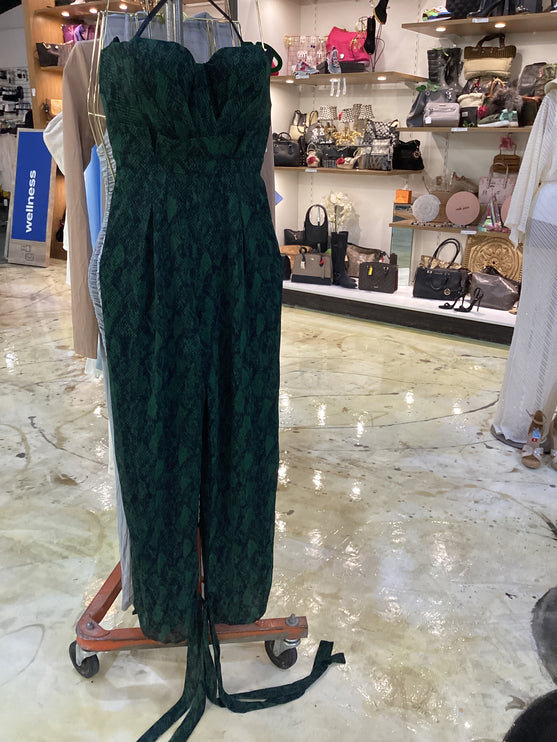 NWT Michael Costello Green and Black Snake Print Strapless Jumpsuit