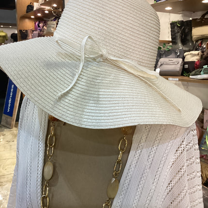 NWT Lulu Large Beach Hat with Thin Bow Ivory