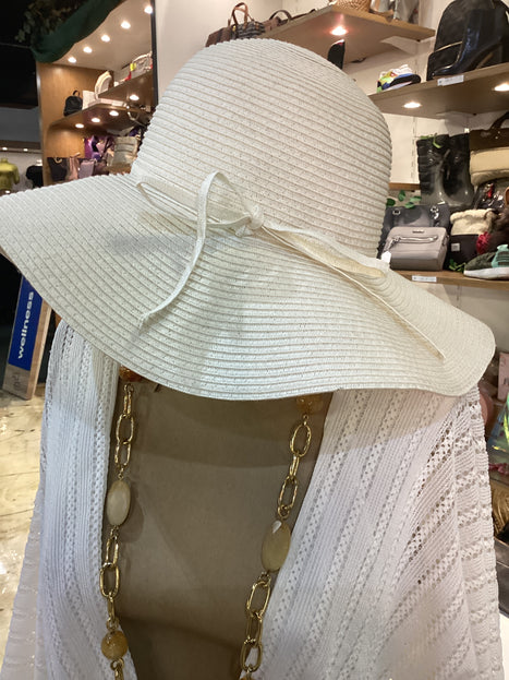 NWT Lulu Large Beach Hat with Thin Bow Ivory