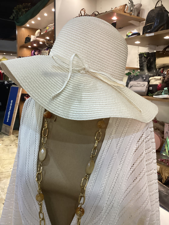 NWT Lulu Large Beach Hat with Thin Bow Ivory